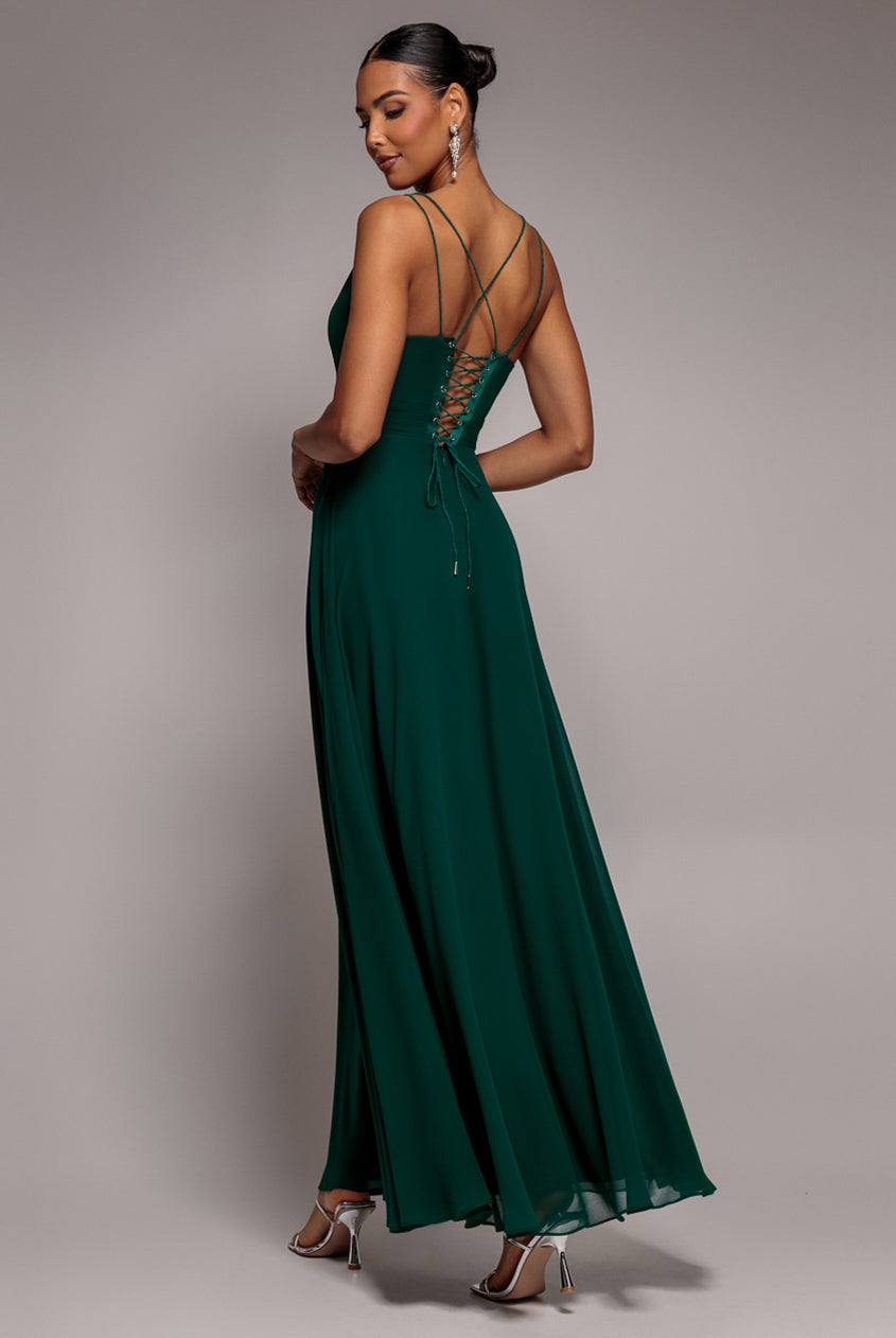 Goddiva CHIFFON COWL TWISTED ROPE STRAP LACE-UP FLARED MAXI DRESS