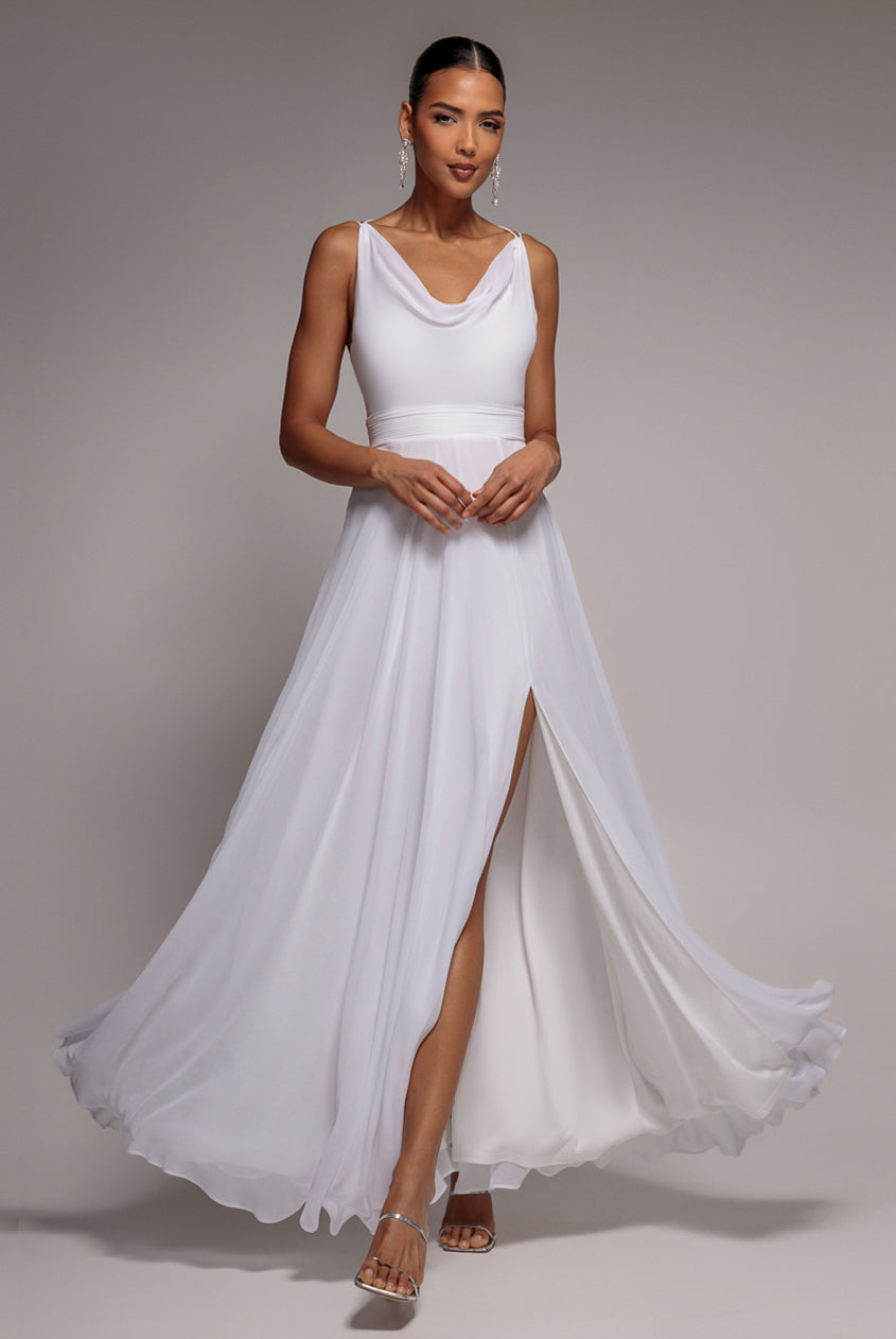 Goddiva CHIFFON COWL TWISTED ROPE STRAP LACE-UP FLARED MAXI DRESS