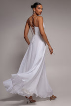 Goddiva CHIFFON COWL TWISTED ROPE STRAP LACE-UP FLARED MAXI DRESS