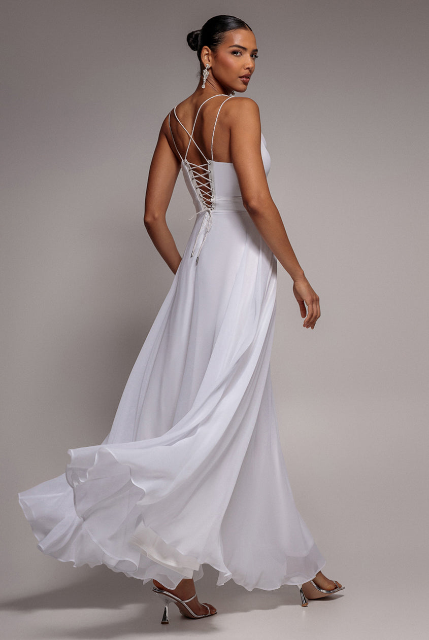 Goddiva CHIFFON COWL TWISTED ROPE STRAP LACE-UP FLARED MAXI DRESS