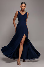 Goddiva CHIFFON COWL TWISTED ROPE STRAP LACE-UP FLARED MAXI DRESS