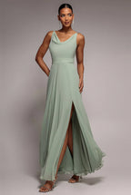 Goddiva CHIFFON COWL TWISTED ROPE STRAP LACE-UP FLARED MAXI DRESS