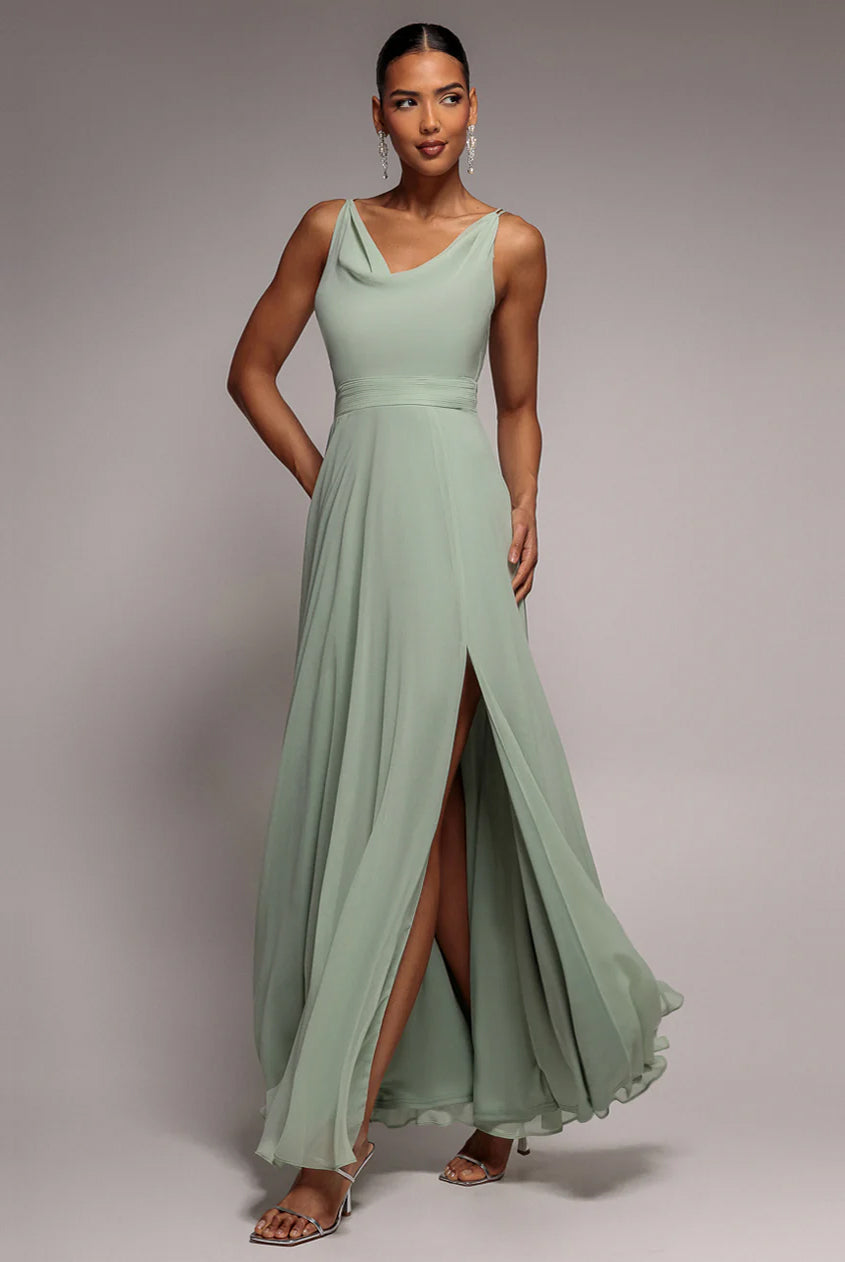 Goddiva CHIFFON COWL TWISTED ROPE STRAP LACE-UP FLARED MAXI DRESS
