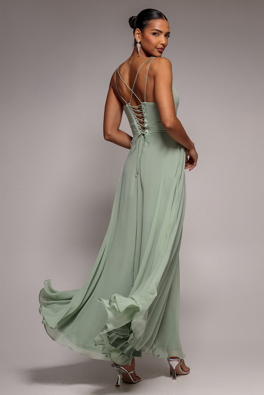 Goddiva CHIFFON COWL TWISTED ROPE STRAP LACE-UP FLARED MAXI DRESS