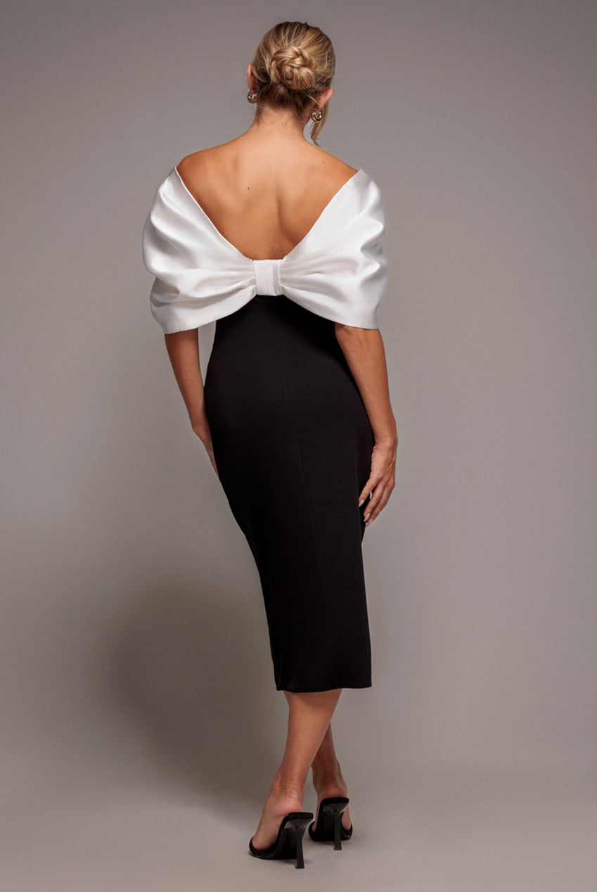 Goddiva Off Shoulder Back Satin Bow Scuba Midi Dress