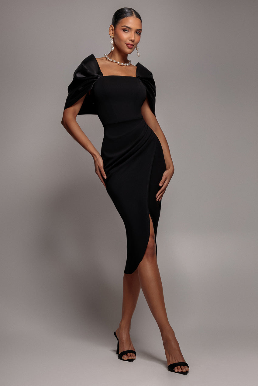 Goddiva Off Shoulder Back Satin Bow Scuba Midi Dress