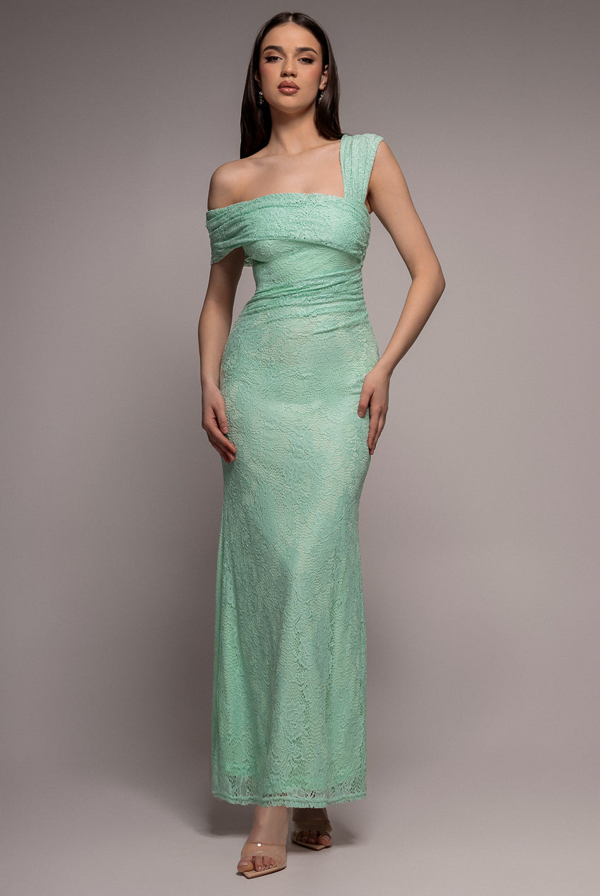 Goddiva ONE SHOULDER PLEATED BARDOT LACE MAXI DRESS BY GODDIVA
