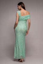 Goddiva ONE SHOULDER PLEATED BARDOT LACE MAXI DRESS BY GODDIVA