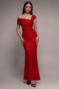 Goddiva ONE SHOULDER PLEATED BARDOT LACE MAXI DRESS BY GODDIVA
