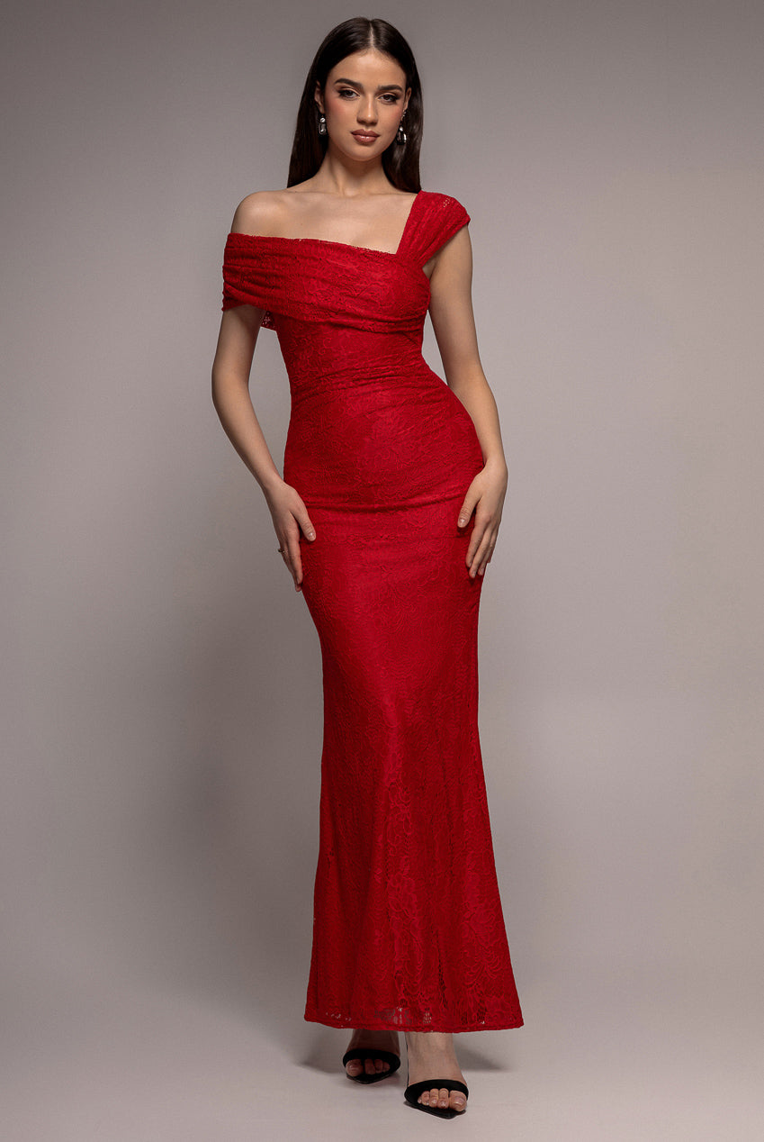 Goddiva ONE SHOULDER PLEATED BARDOT LACE MAXI DRESS BY GODDIVA