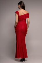 Goddiva ONE SHOULDER PLEATED BARDOT LACE MAXI DRESS BY GODDIVA