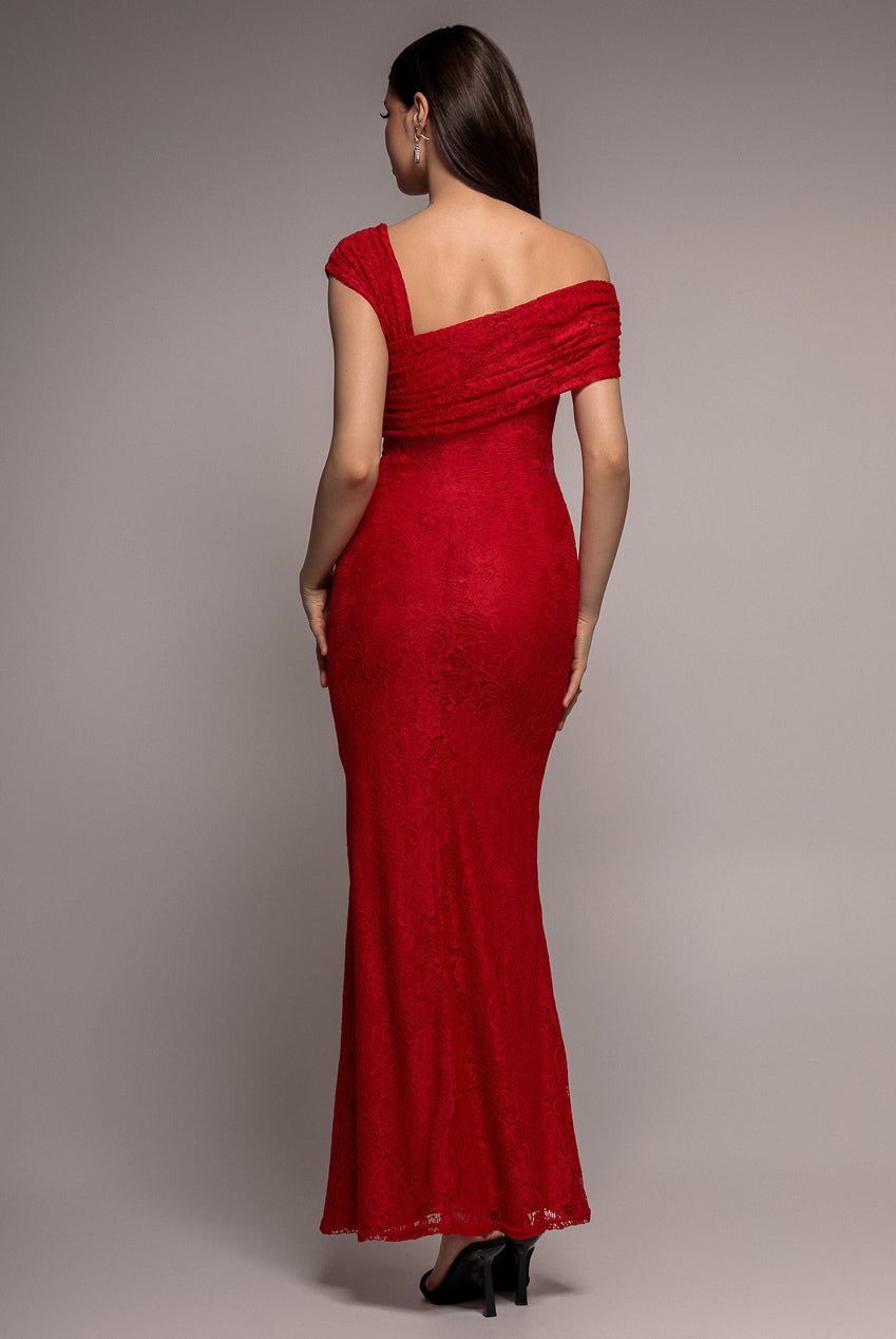 Goddiva ONE SHOULDER PLEATED BARDOT LACE MAXI DRESS BY GODDIVA