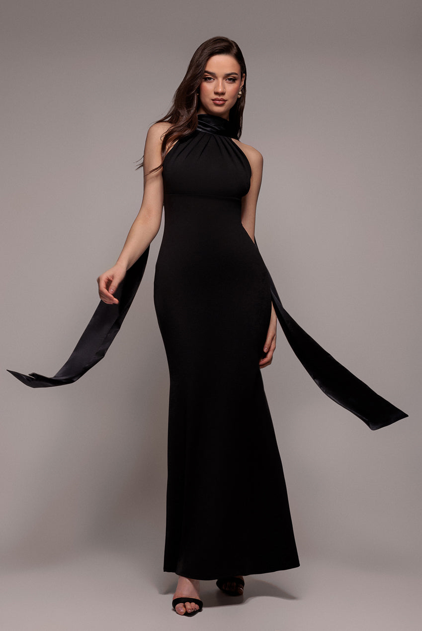 Goddiva Satin Multi-Tie Halterneck Maxi Dress