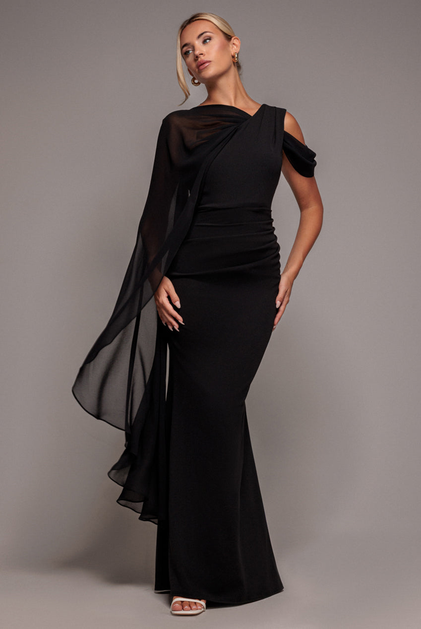 Goddiva One Shoulder Chiffon Cape Crepe Maxi Dress