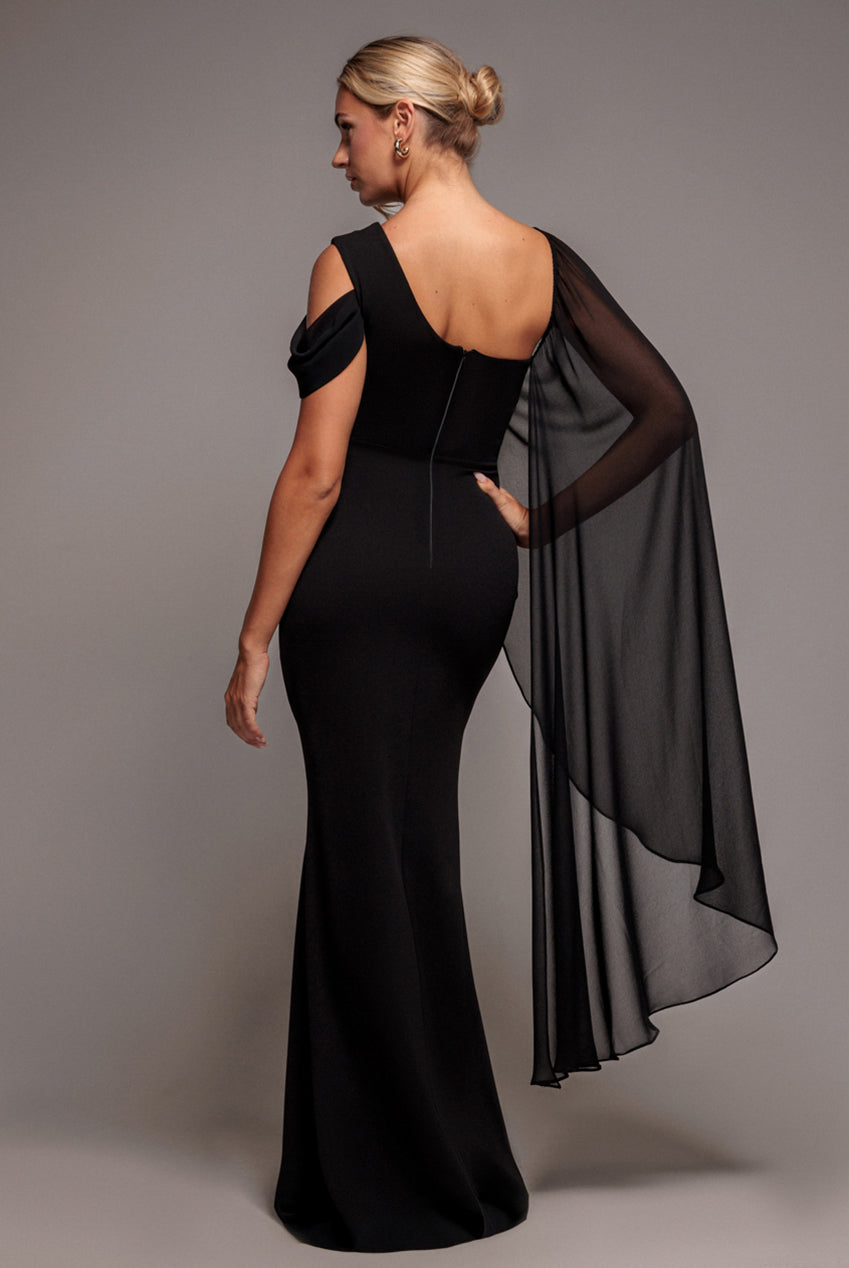 Goddiva One Shoulder Chiffon Cape Crepe Maxi Dress