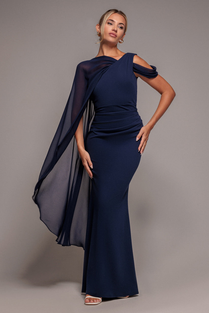 Goddiva One Shoulder Chiffon Cape Crepe Maxi Dress