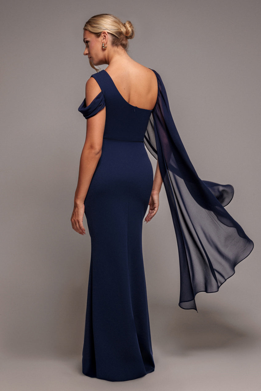 Goddiva One Shoulder Chiffon Cape Crepe Maxi Dress