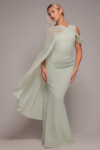 Goddiva One Shoulder Chiffon Cape Crepe Maxi Dress