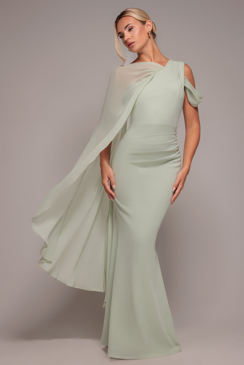 Goddiva One Shoulder Chiffon Cape Crepe Maxi Dress