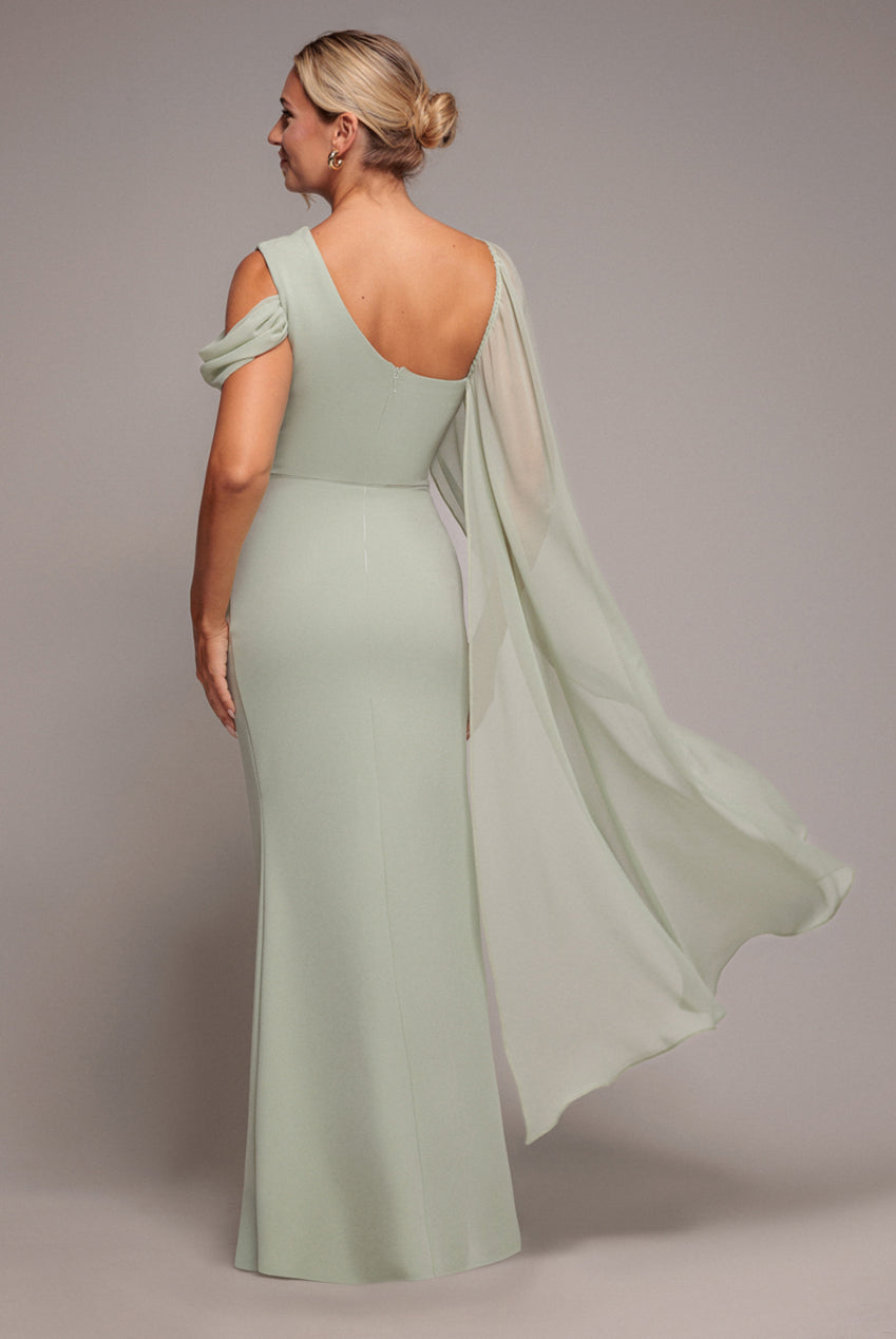 Goddiva One Shoulder Chiffon Cape Crepe Maxi Dress