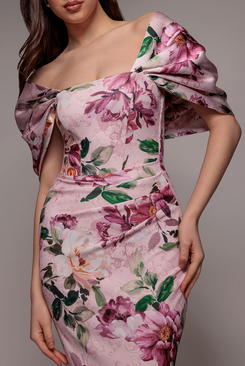 Goddiva Off Shoulder Floral Bow Back Maxi Dress