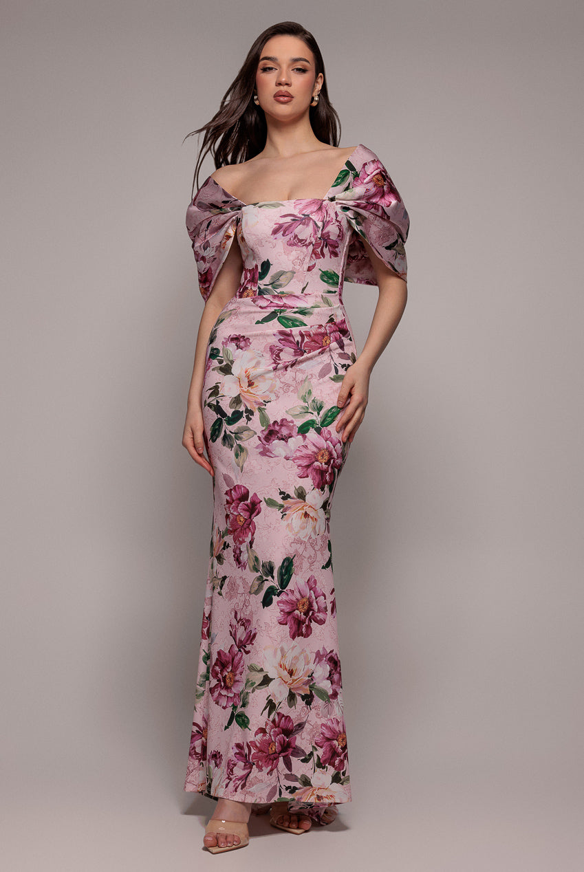 Goddiva Off Shoulder Floral Bow Back Maxi Dress