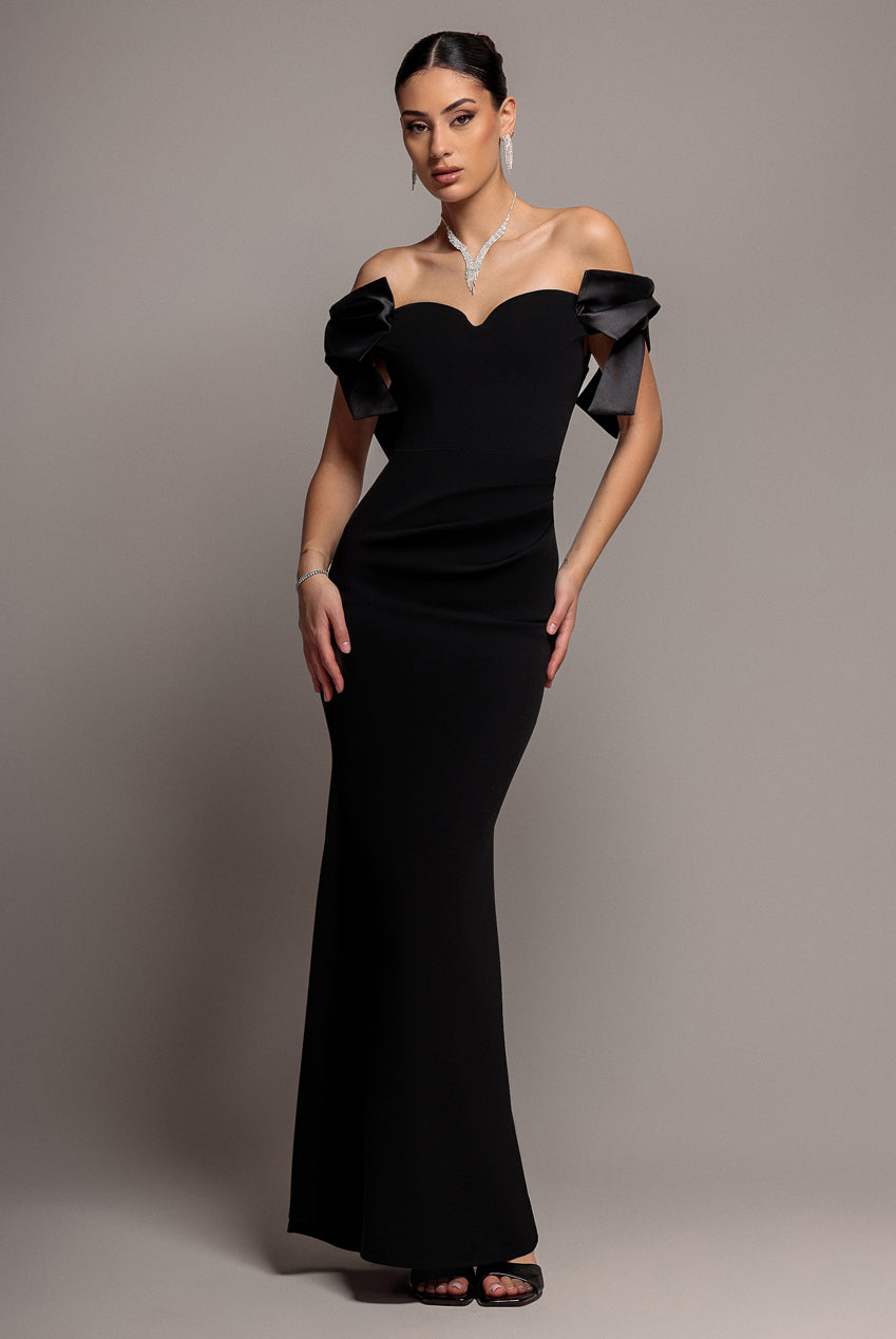 Goddiva Satin Bow Bardot Sheath Maxi Dress