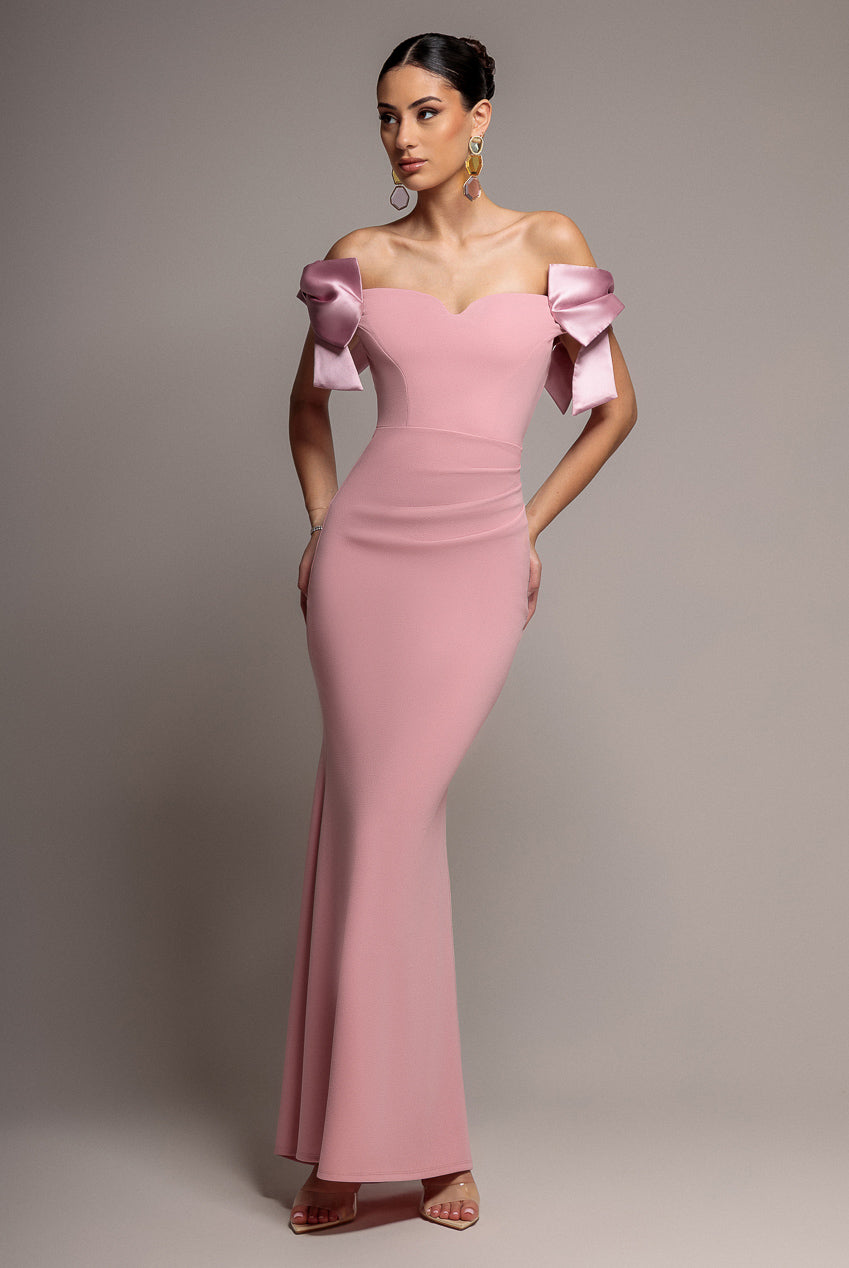 Goddiva Satin Bow Bardot Sheath Maxi Dress
