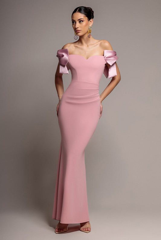 Goddiva Satin Bow Bardot Sheath Maxi Dress