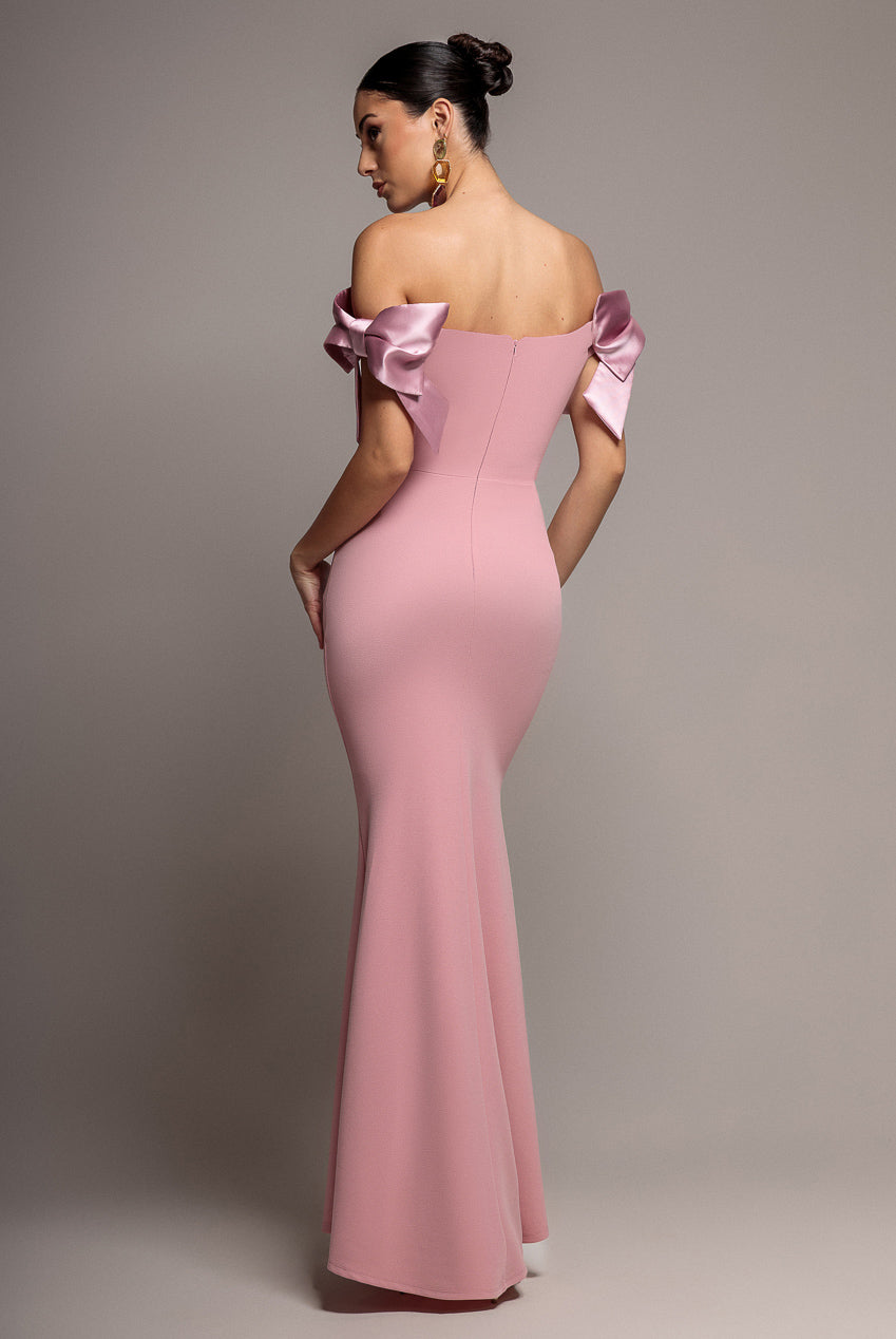 Goddiva Satin Bow Bardot Sheath Maxi Dress