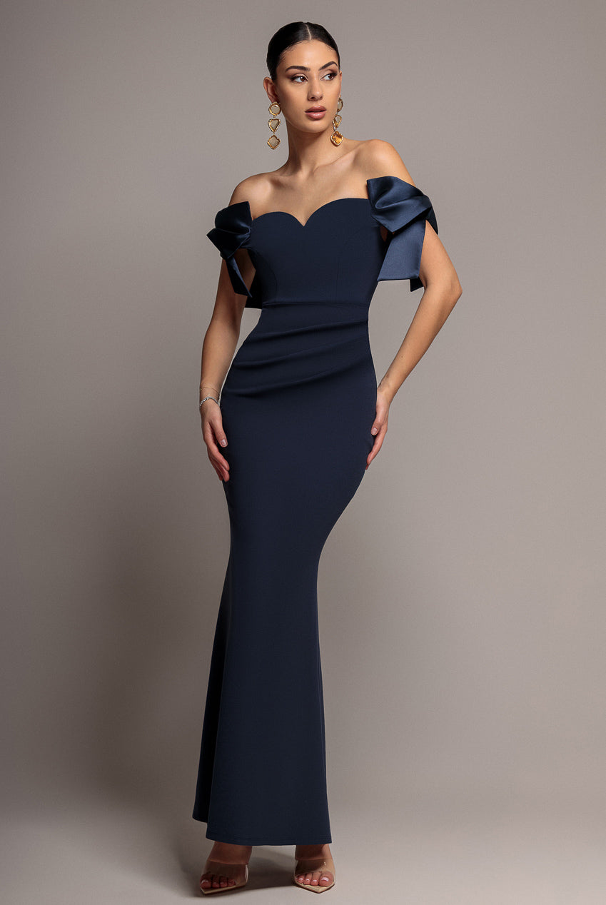 Goddiva Satin Bow Bardot Sheath Maxi Dress