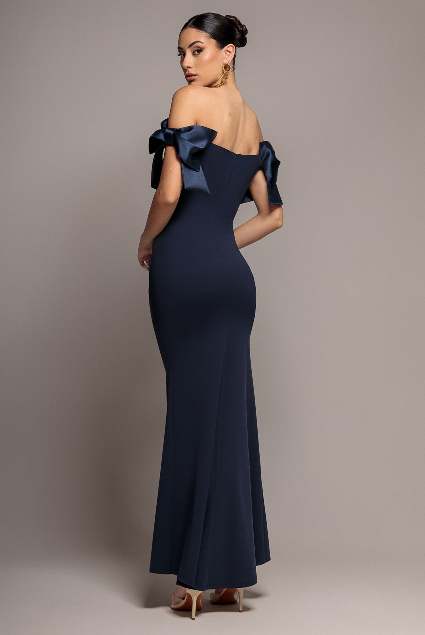 Goddiva Satin Bow Bardot Sheath Maxi Dress