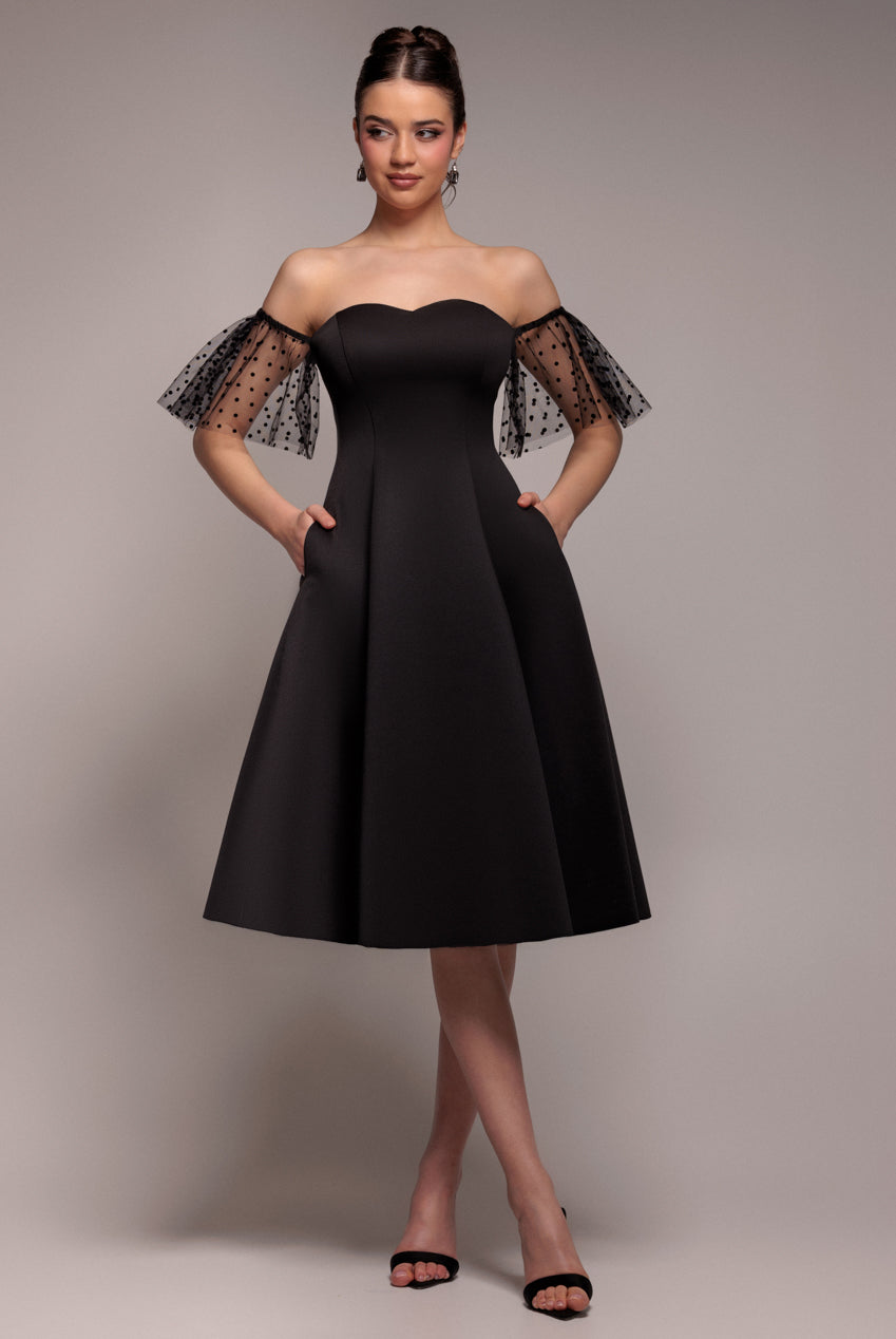 Goddiva SCUBA & POLKA MESH OFF THE SHOULDER MIDI DRESS