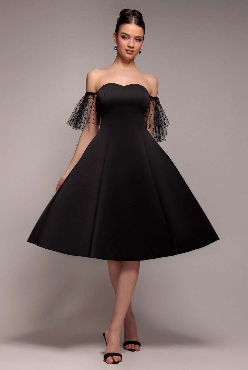 Goddiva SCUBA & POLKA MESH OFF THE SHOULDER MIDI DRESS