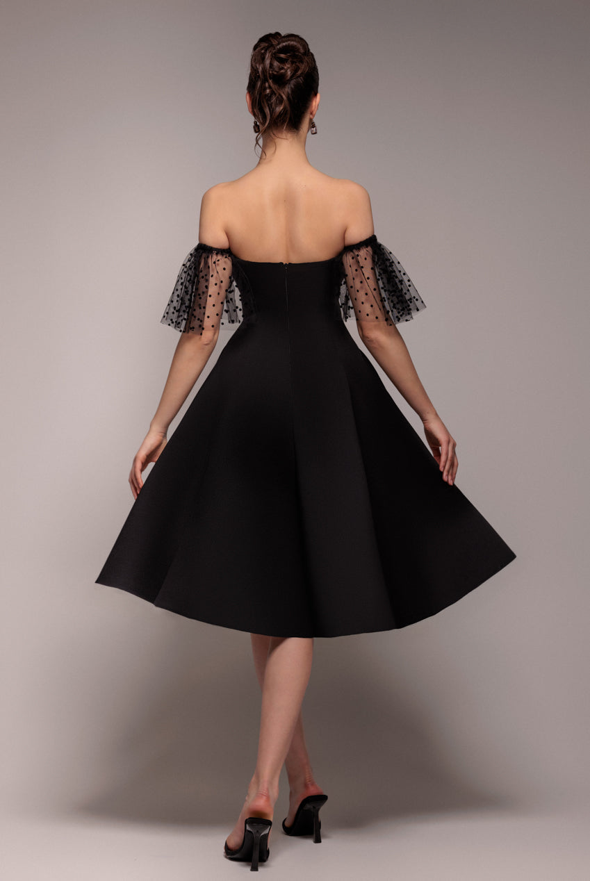 Goddiva SCUBA & POLKA MESH OFF THE SHOULDER MIDI DRESS