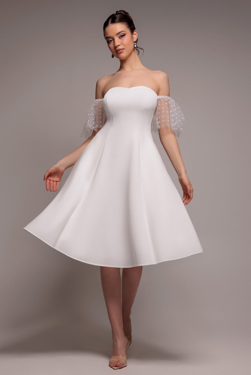 Goddiva SCUBA & POLKA MESH OFF THE SHOULDER MIDI DRESS