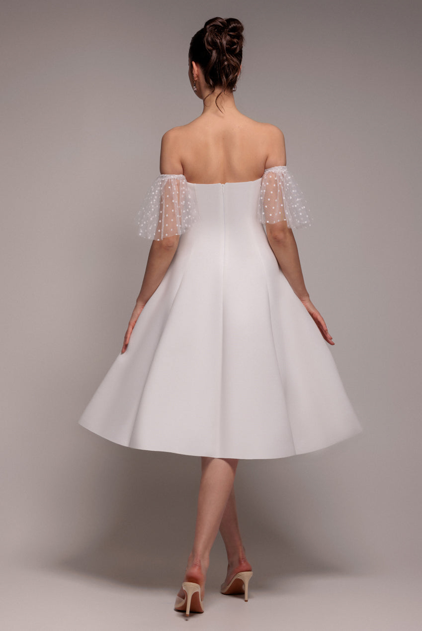 Goddiva SCUBA & POLKA MESH OFF THE SHOULDER MIDI DRESS