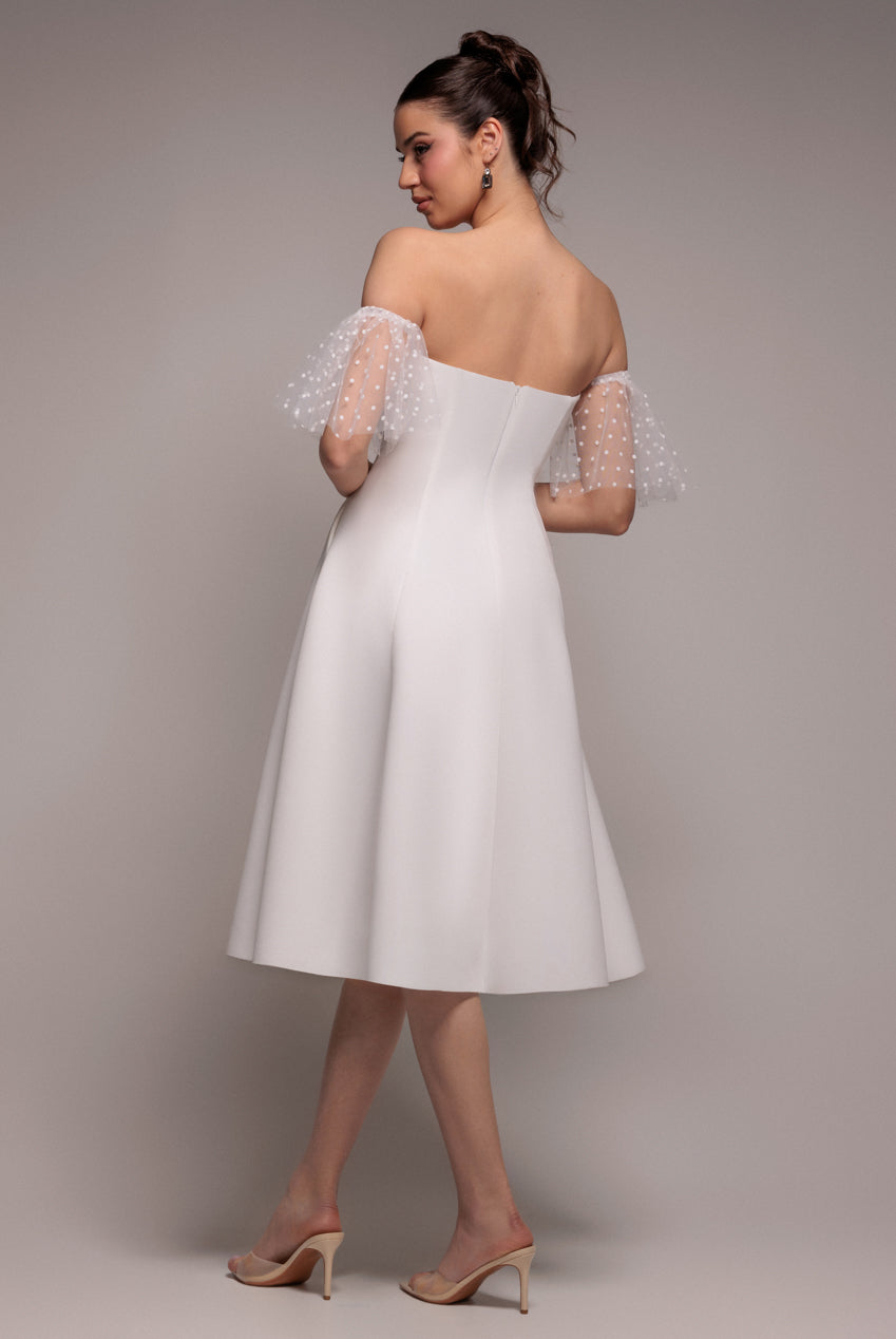 Goddiva SCUBA & POLKA MESH OFF THE SHOULDER MIDI DRESS