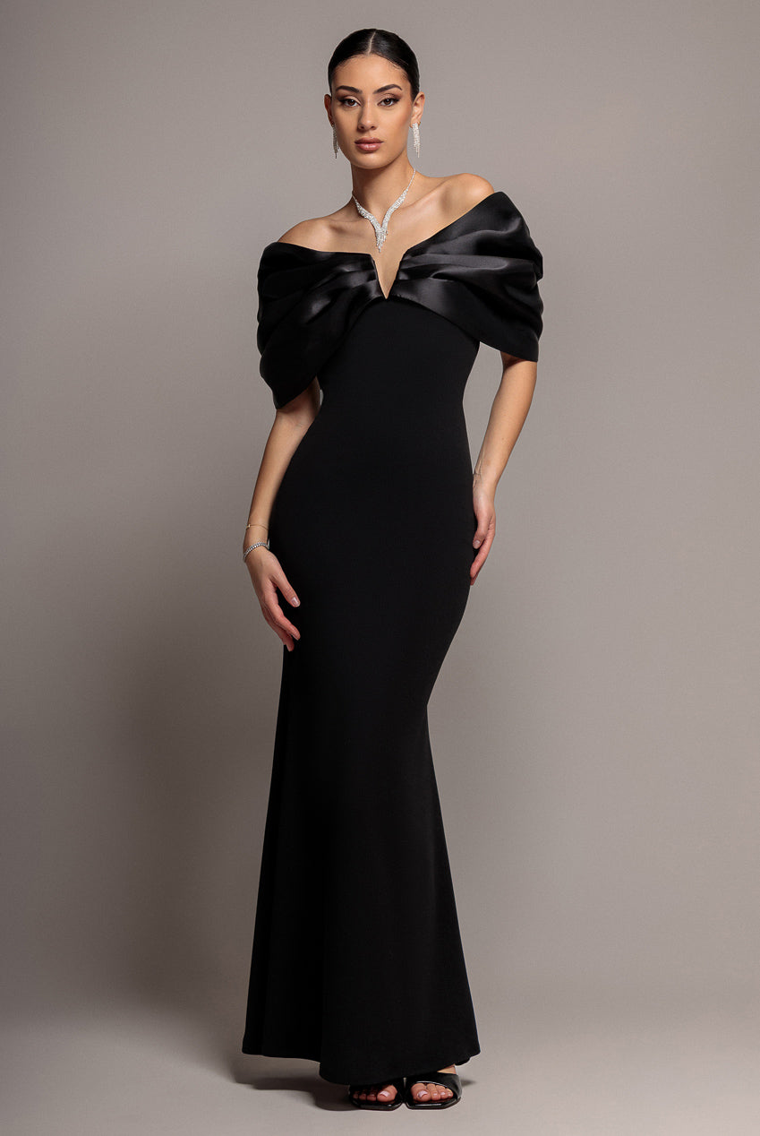 Goddiva Satin Plunge Neck Bardot Scuba Maxi Dress