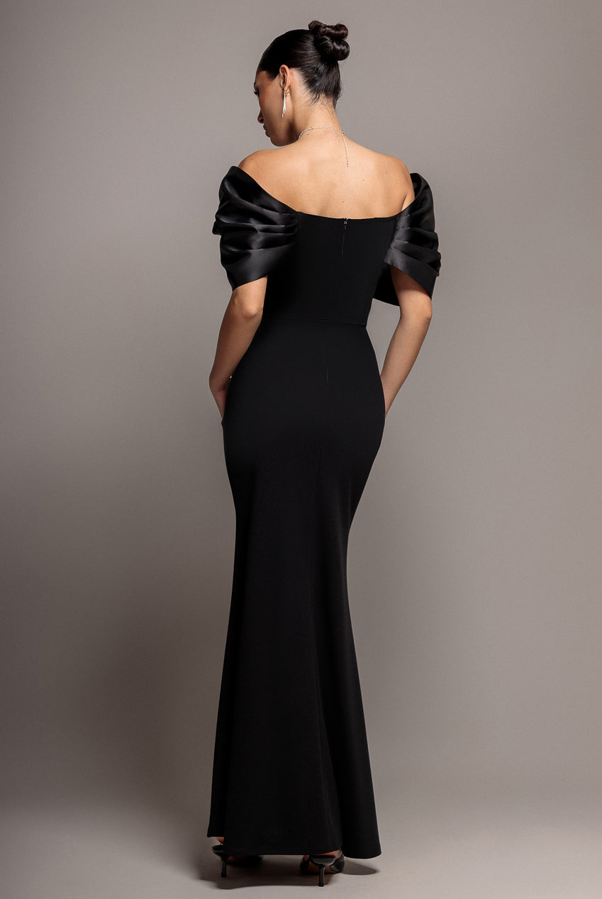 Goddiva Satin Plunge Neck Bardot Scuba Maxi Dress