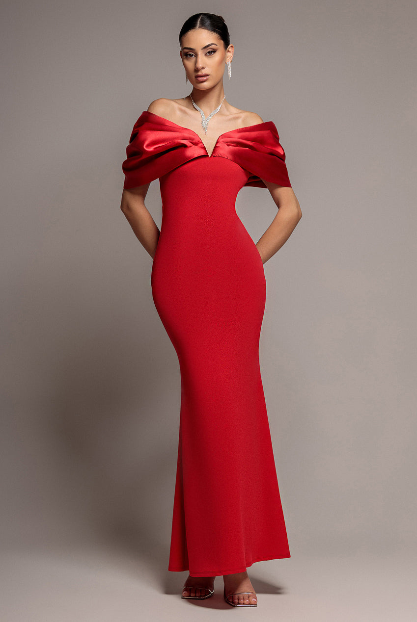 Goddiva Satin Plunge Neck Bardot Scuba Maxi Dress