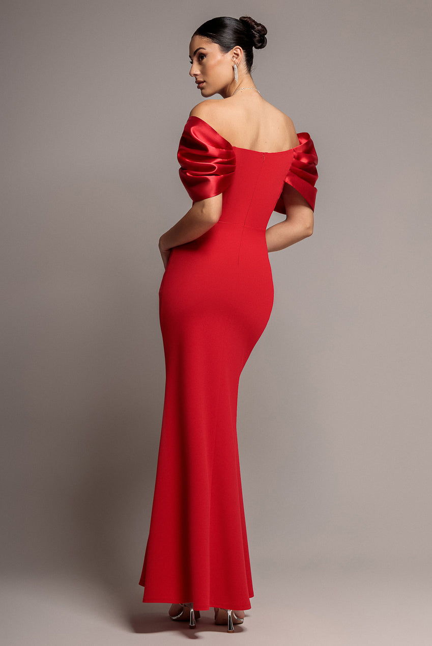 Goddiva Satin Plunge Neck Bardot Scuba Maxi Dress