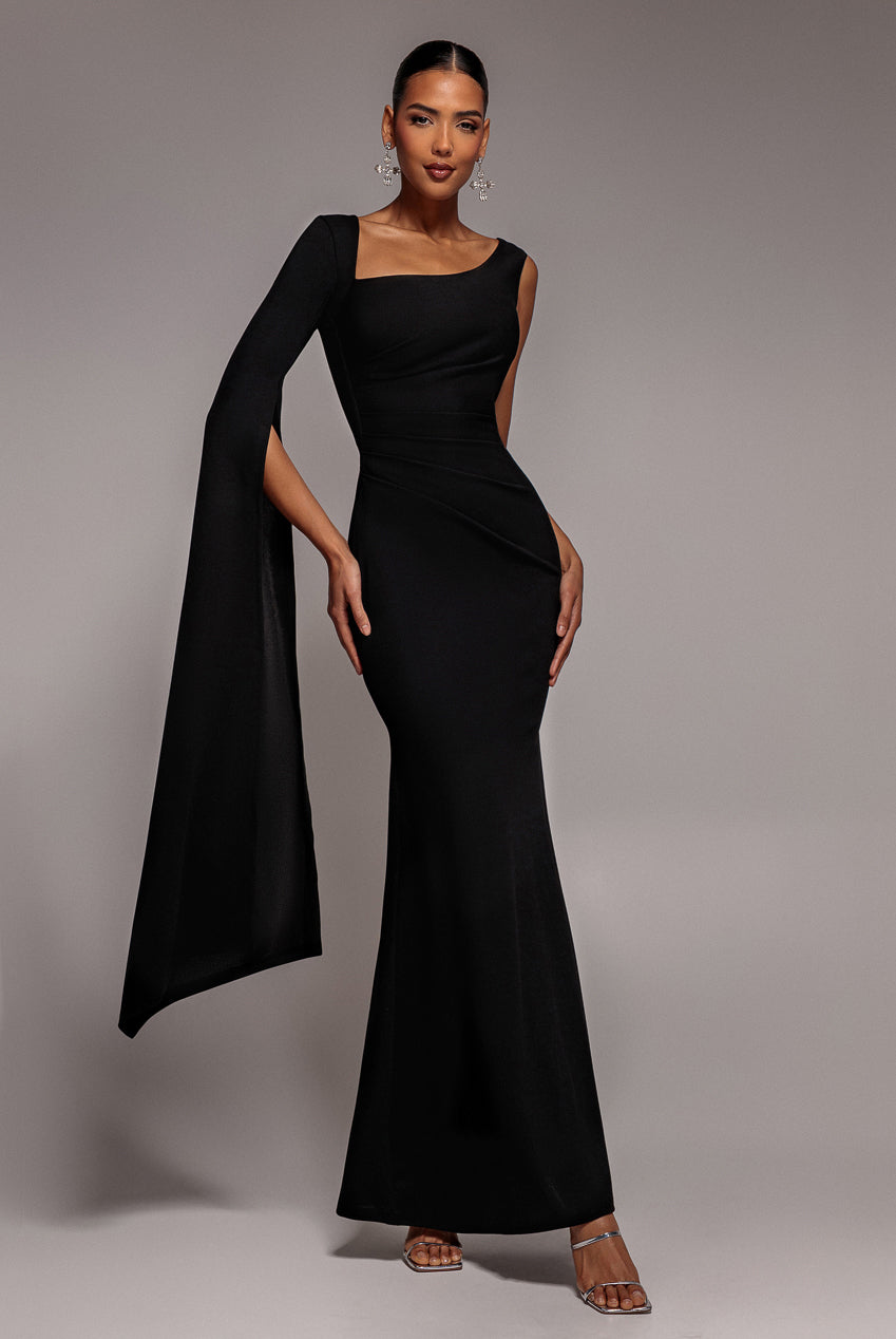 Goddiva One Shoulder Cape Sleeve Maxi Dress