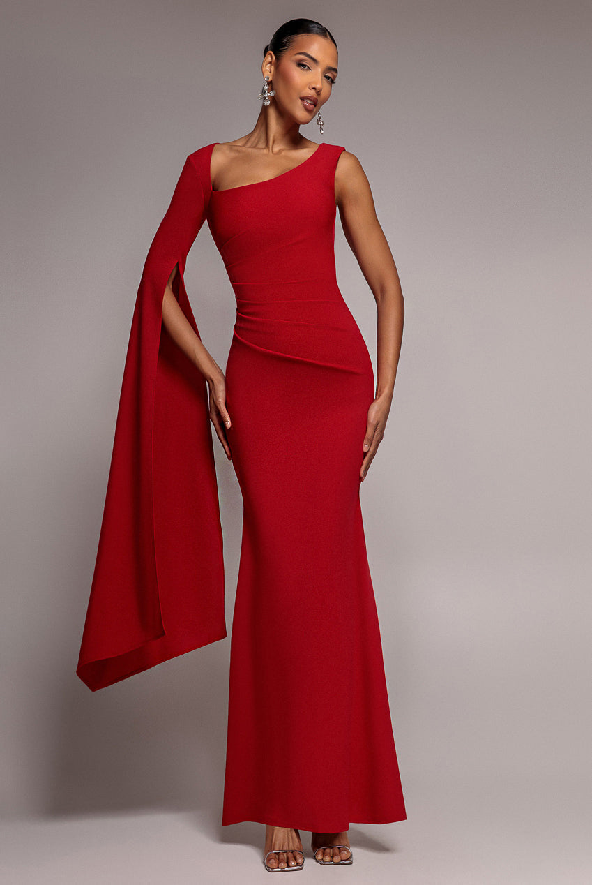 Goddiva One Shoulder Cape Sleeve Maxi Dress