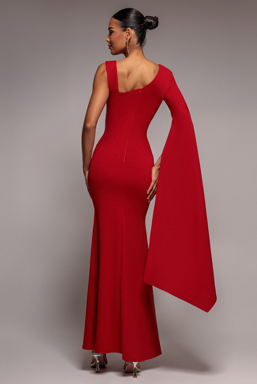 Goddiva One Shoulder Cape Sleeve Maxi Dress