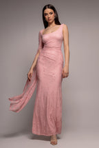 Goddiva ONE SHOULDER CAPE SLEEVE PLEATED LACE MAXI DRESS BY GODDIVA