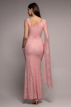 Goddiva ONE SHOULDER CAPE SLEEVE PLEATED LACE MAXI DRESS BY GODDIVA