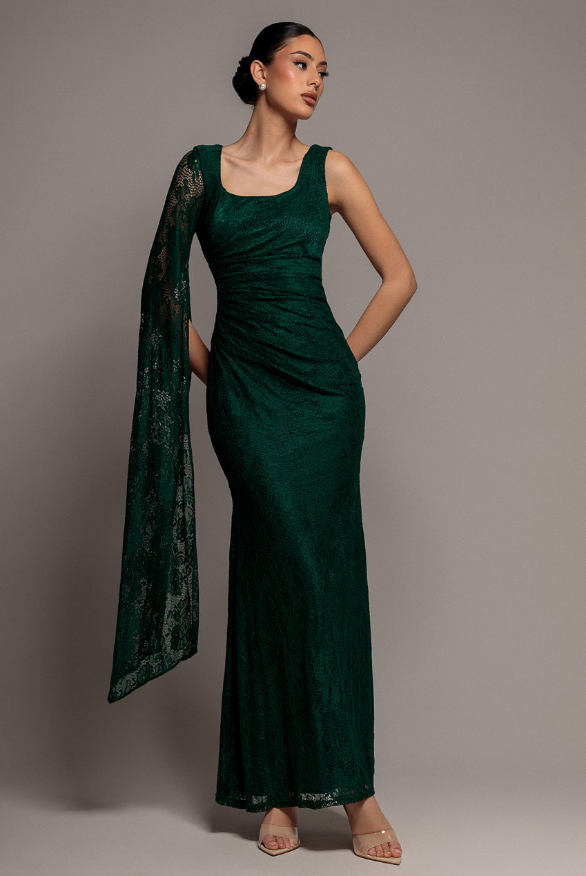 Goddiva ONE SHOULDER CAPE SLEEVE PLEATED LACE MAXI DRESS BY GODDIVA