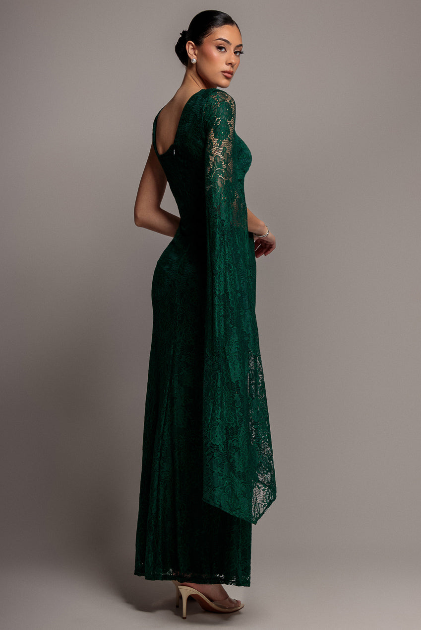 Goddiva ONE SHOULDER CAPE SLEEVE PLEATED LACE MAXI DRESS BY GODDIVA