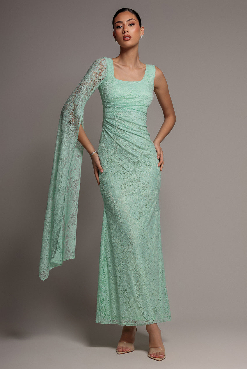 Goddiva ONE SHOULDER CAPE SLEEVE PLEATED LACE MAXI DRESS BY GODDIVA